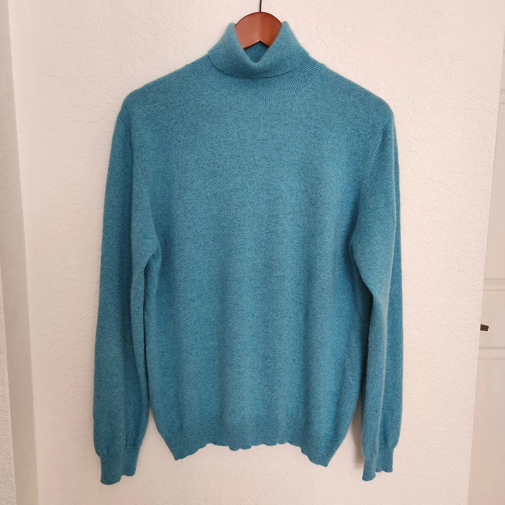 McDuff 100% Cashmere Elegant Teal Turtleneck Sweater, Finest Cashmere Yarns - Picture 2 of 7